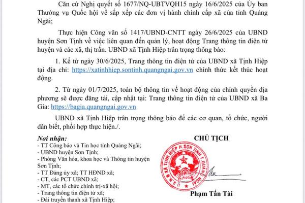 Thông báo về việc kết thúc hoạt động Trang thông tin điện tử của UBND xã Tịnh Hiệp